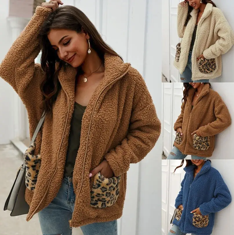 Women's Teddy coat Leopard Patchwork Casual female Faux Fur Coat Autumn Winter Warm Soft Furry Top casaco feminina outwear | Женская