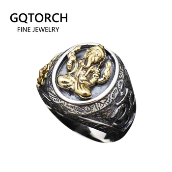 

Genuine 925 Sterling Silver Fortune Elephant Rings For Men Yellow Gold Color Engraved Lotus Big Wide Male Rings India Jewelry