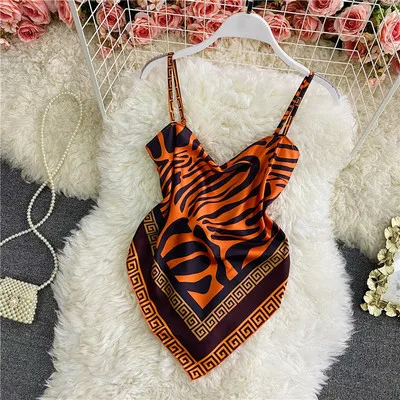 ALPHALMODA Retro Style Halter Scarf Backless Printed Crop Top Women 2021 Summer Trendy Sling Vest Retro Printing Sling Camis half bra Tanks & Camis