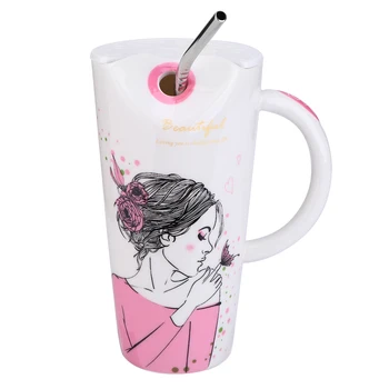 

600ML Beautiful Girls Pattern Ceramic Mug Large Capacity Straw Cup Drinking Bottle Portable Water Mug Beverage Container