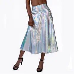 Шикарные Свадебные голограммные лазерные юбки с карманами и высокой посадкой А-силуэта Сексуальная Женская узкая юбка средней длины плюс