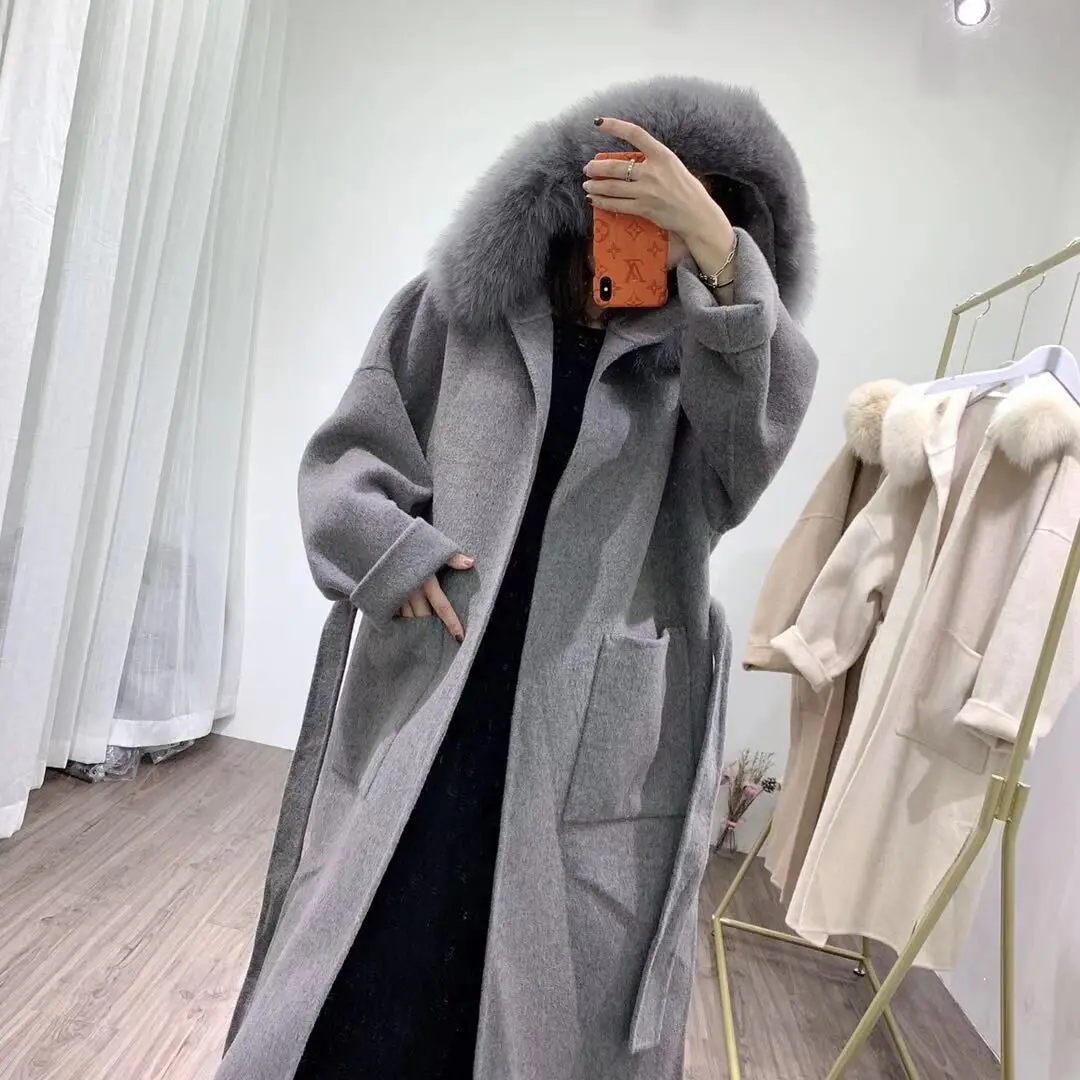OFTBUY пальто с натуральным мехом, зимняя куртка для женщин, Воротник из натурального Лисьего меха, капюшон, кашемировая шерсть, удлиненная верхняя одежда, уличная одежда, Корея