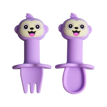 

2Pcs Detachable Baby Spoon Fork Set Cartoon Monkey Silicone Teether Toys Utensil 425F