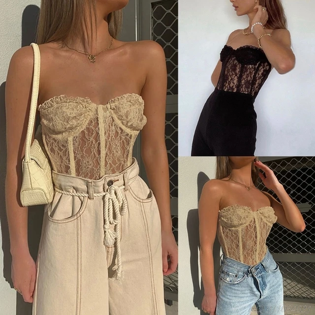 Women Sexy Sheer Mesh Patchwork Bustier Corset Vintage Strapless Lace-up  Back Overbust Waist Cincher Body Shaper Top Wholesales - Tanks & Camis -  AliExpress