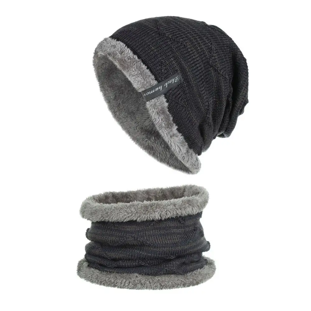 ELIfashion Winter Men Women warm Knitted Decolated Color Hat& Neckerchief casual Velvet Inside Layer Caps Soft& Fashion