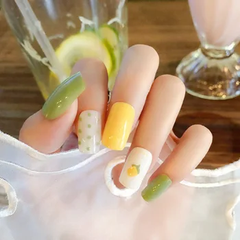 

24pcs Full Cover square press on nails Fresh Jump Color Lemon Shape artificial nails with glue for teens DIY nail art products