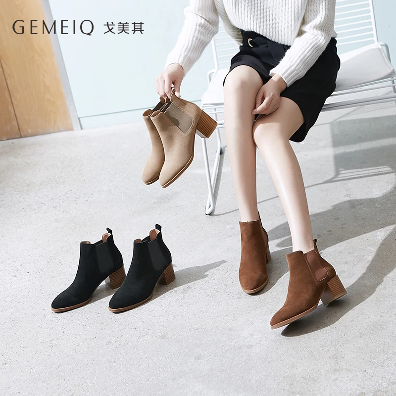 

GEMEIQ Genuine dermal Cow Suede Rivet Decorating Short Pipe Warm Boots Women 2019 Winter New High Heeled Elegant Boots