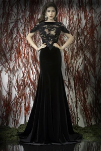 Платье с вырезом лодочкой, кружевной с открытой спиной, vestido de festa vestidos longo, черное кружевное сексуальное длинное вечернее платье, платья для матери невесты - Цвет: Черный
