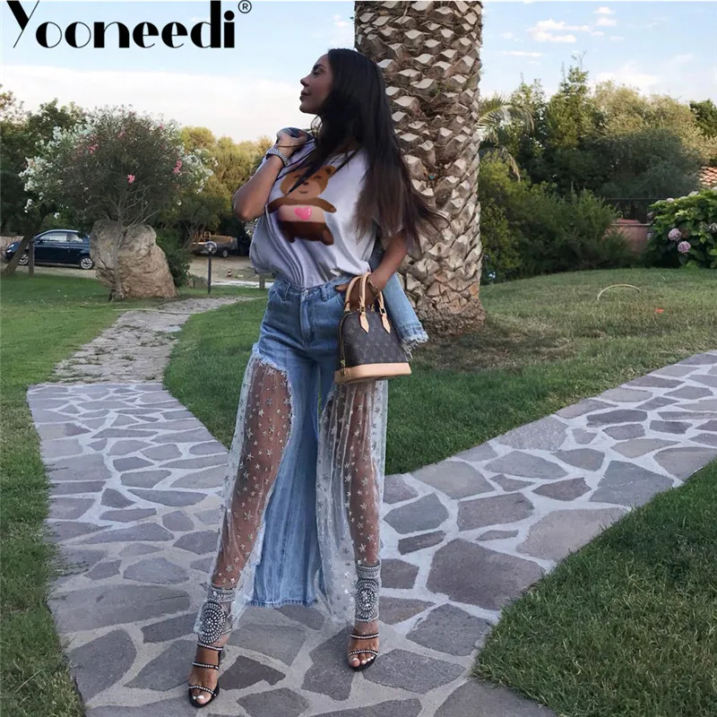 Yooneedi летние Дизайнерские повседневные женские джинсы цветные однотонные кружевные дизайнерские женские джинсовые брюки SN-2430