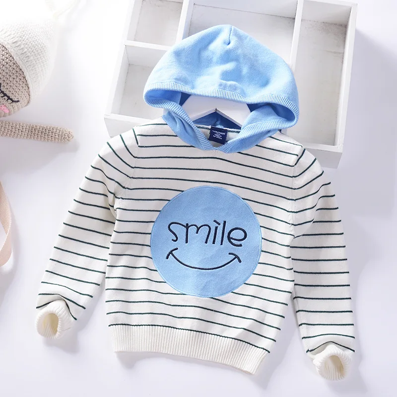 smile happy striped boys girls knitted wear hooded kids sweaters cotton spring autumn children's clothing pullover