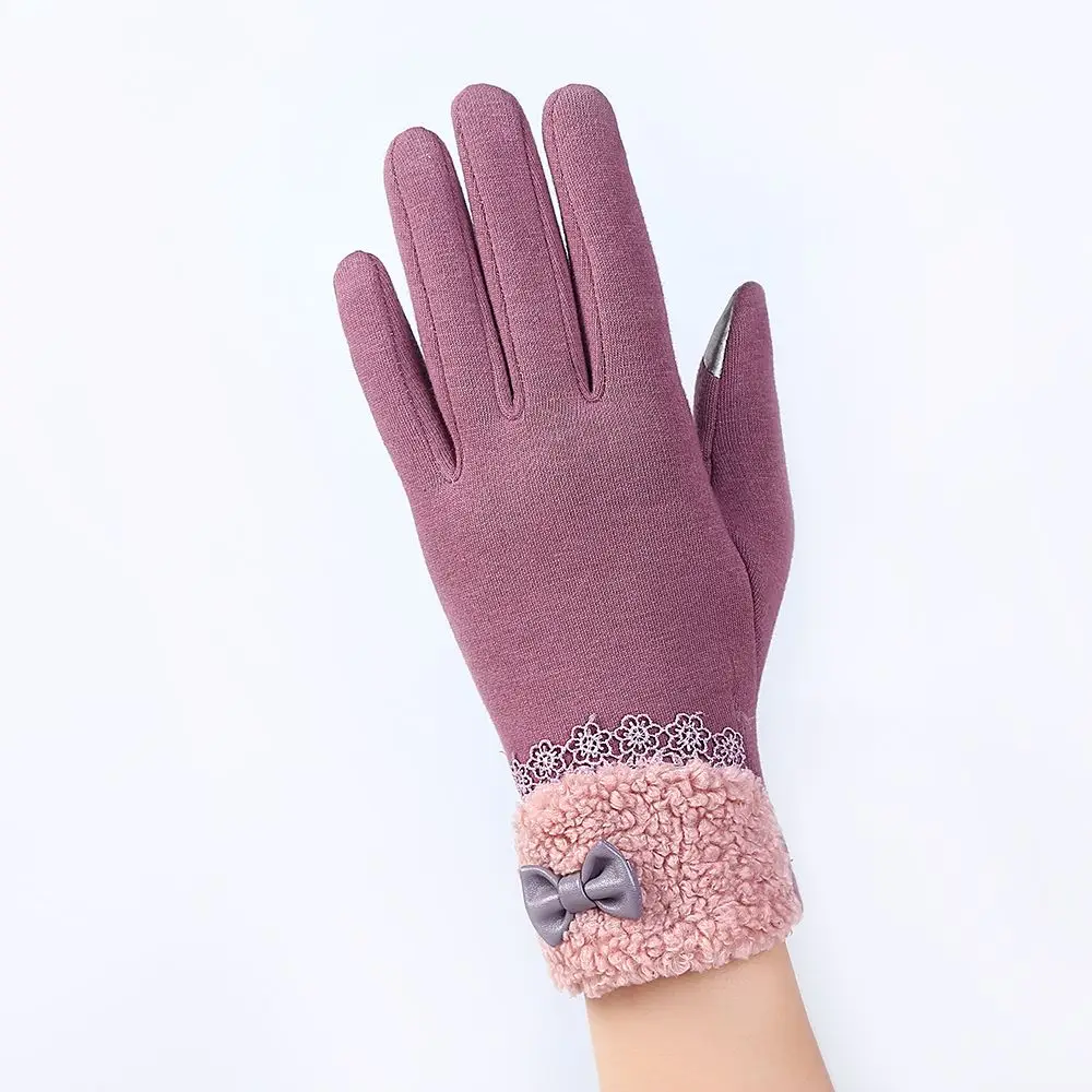 Dark red 1 пара, модные женские перчатки с сенсорным экраном, кружевные хлопковые зимние теплые перчатки для вождения, варежки для вождения - Цвет: Dark red