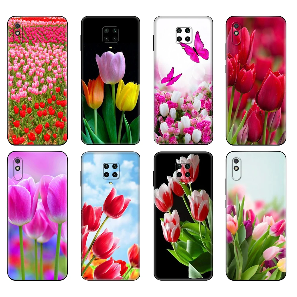 Черный чехол из ТПУ для Xiaomi Redmi 7A 8 8A 9 9A 9C Note 8T Pro T 9S с весенними тюльпанами и цветами