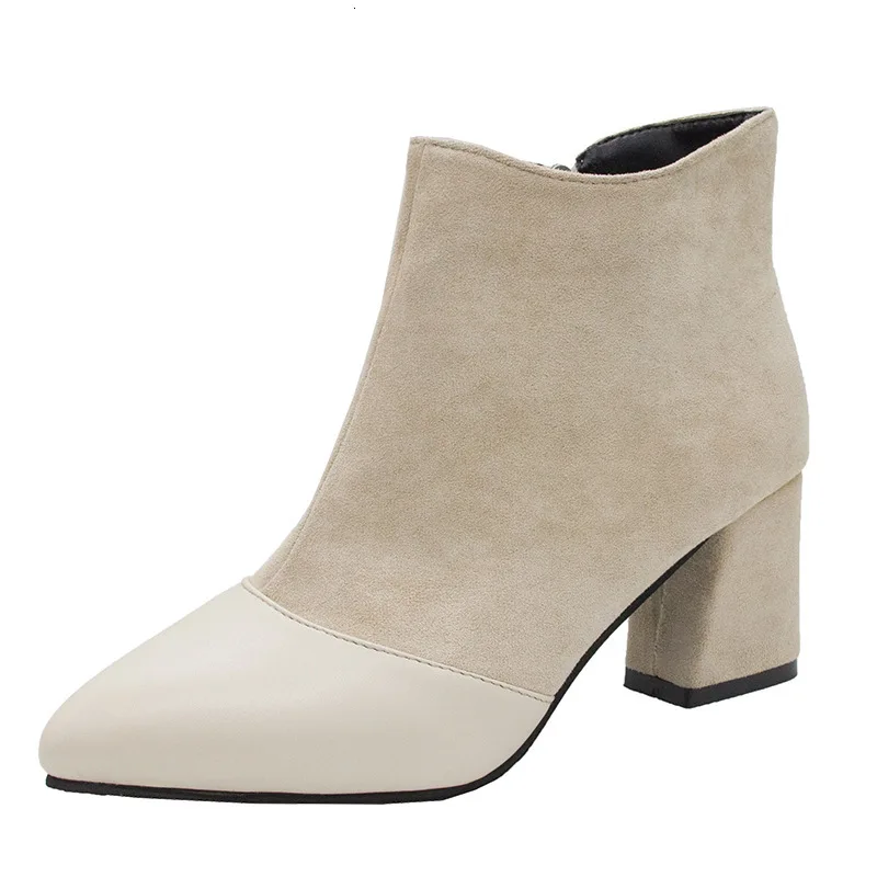 Beige 5 cm heel Женские ботильоны; сезон осень-зима; женская обувь на высоком каблуке с острым носком; кожаные короткие Ботинки martin; Высококачественная британская обувь - Цвет: Beige 5 cm heel