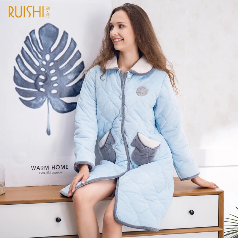 72811 Blue Женские халаты теплый халат зимний бархатный хлопковый мягкий однотонный вышитый зимний кимоно домашнее пальто плотное стежка кимоно Банный халат - Цвет: 72811 Blue