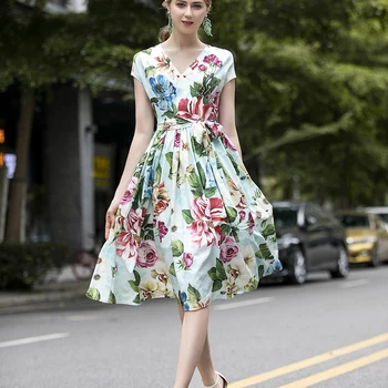 

Runway Bohemian Retro Print Flowers Sexy V-Neck Short Sleeve Elegant Temperament Slim Dress Women'S Wear High Quality New