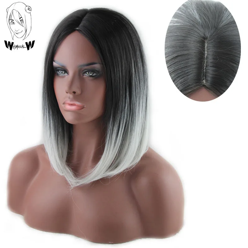 

WHIMSICAL W Ombre Straight Bob Black Grey Synthetic Wig Shoulder Length Middle Part Cosplay Party Hair For Women Heat Resistant