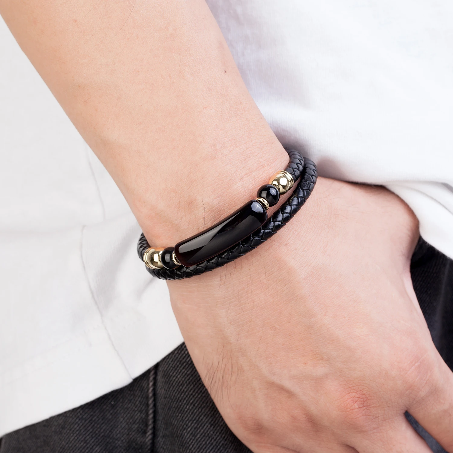 Fashion Echtes Leder Armband Männer Multilayer Seil Natürliche Stein Armbänder Edelstahl Magnetische Schließe Armreif Männlichen Schmuck – Detail 21