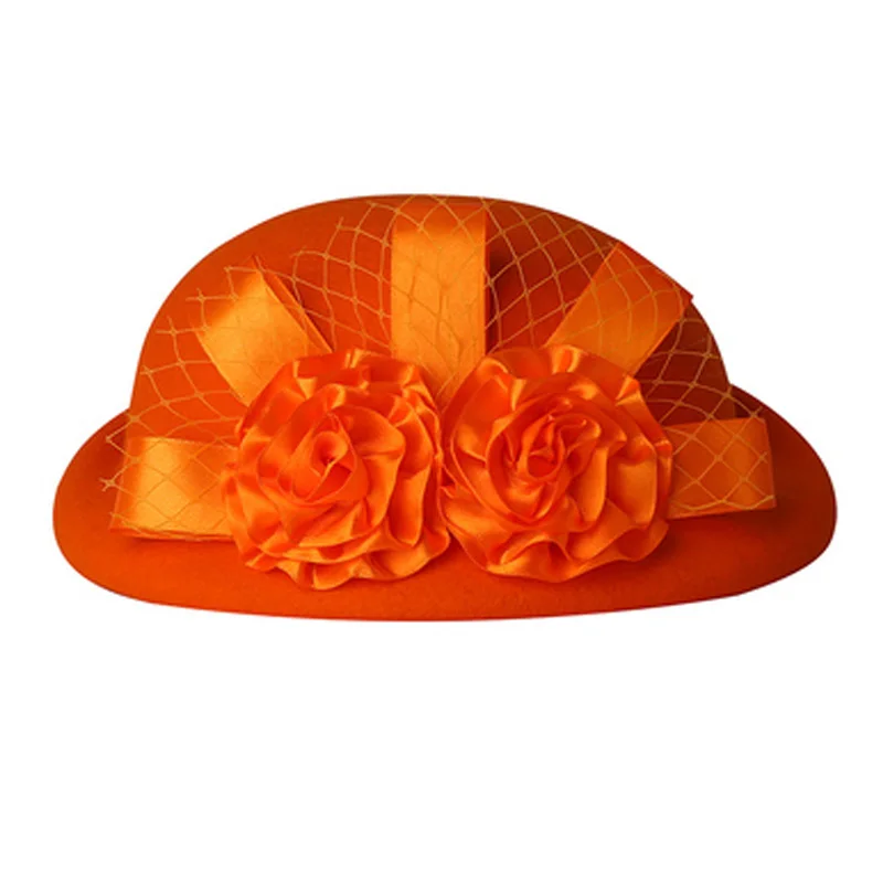 Orange FS элегантная женская Кепка из котелок из шерсти, винтажная Цветочная вуаль, фетровые шляпы, котелок, шляпы для похода в церковь, Дамская Кепка, 10 цветов - Цвет: Orange