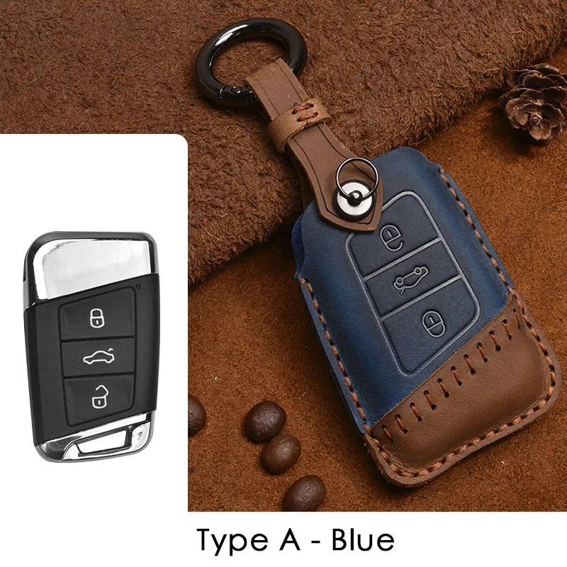 Type A - Blue Ретро ручной работы из натуральной кожи ключ дистанционного управления чехол сумка для Volkswagen PASSAT B8 ключ чехол для Skoda Superb III - Название цвета: Type A - Blue