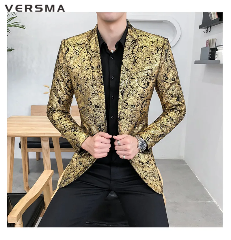 VERSMA Высокое качество золото Slim Fit сценический Блейзер костюм куртка для мужчин модный британский стиль свадебные мужские дизайнерские костюмы блейзеры Мужские 5XL