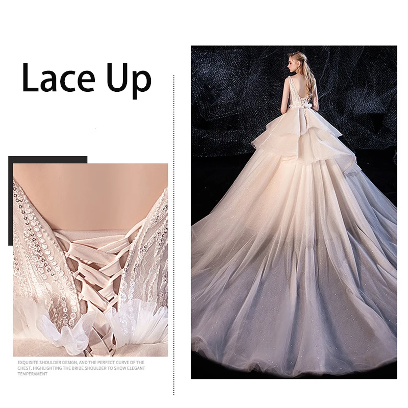 Роскошное Королевское свадебное платье SERMENT, бохо, звездное небо, с рюшами, v-образный вырез, на шнуровке, для собора, 100 см, Кристальные Аппликации