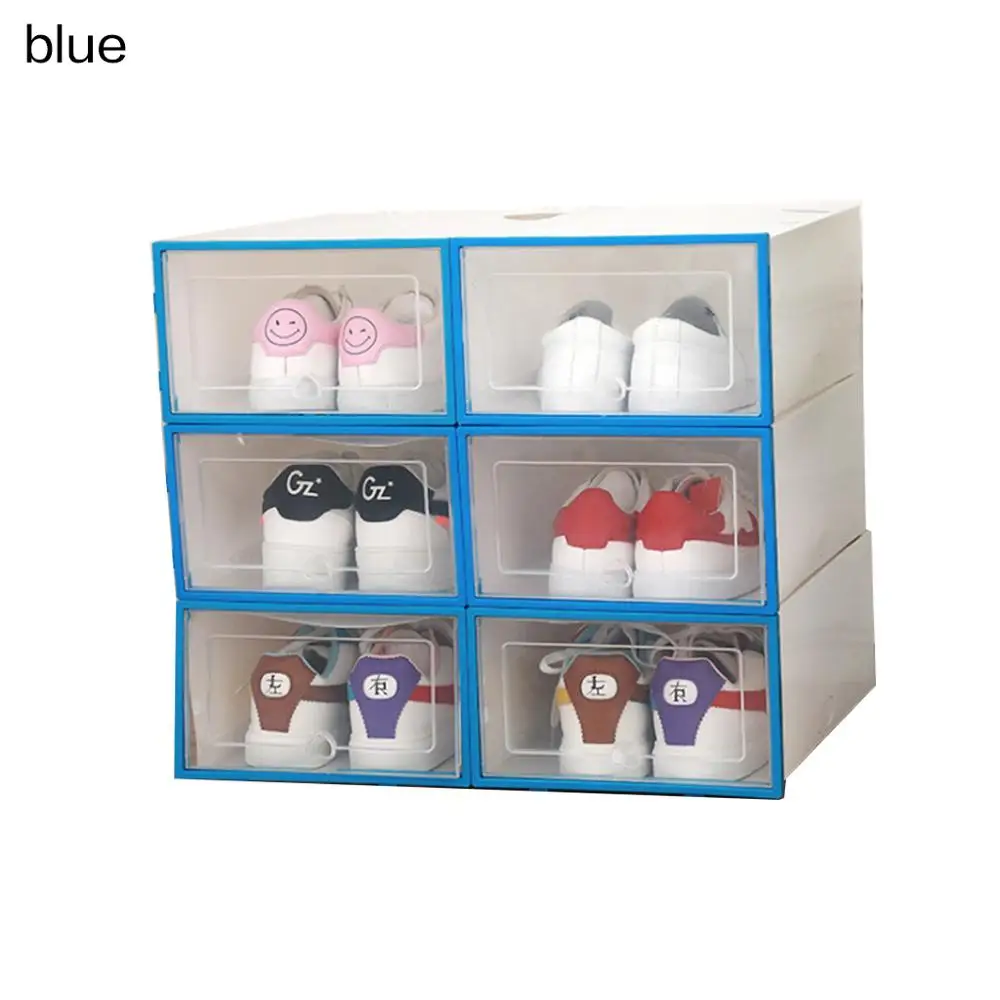 6 шт флип коробка для обуви утолщенный прозрачный ящик чехол Пластиковые обувные коробки Стекируемый ящик органайзер для обуви стеллаж хранение обуви - Цвет: BlueM