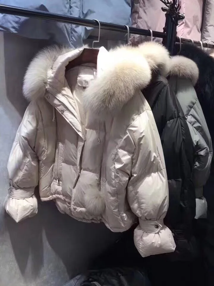 Manufacturers off Season Closeout Fashion Korean-style Buttons-White Duck down Jacket WOMEN'S Shorts Fox Fur Thick Coat Fashion