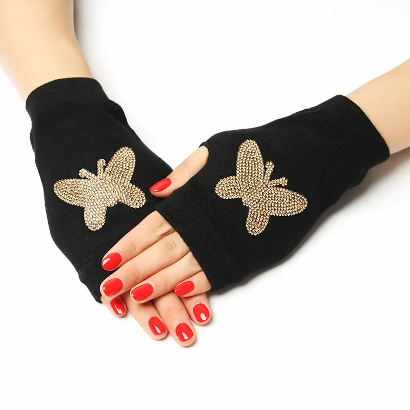 

Women's Mittens Winter Soft Warm Knitting Fingerless Gloves Rivets Rose Printing Cotton Black Half Finger Gloves