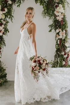 

Stunning A-line Spaghetti Straps Split Lace Long Beach Wedding Dresses For Bride Boho Beach Bridal Gowns robe de mariee