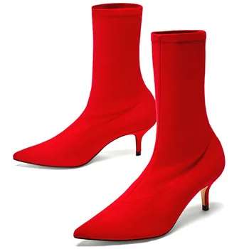 

Spring And Autumn New Ankle Boots Classics Thin Heels Pointed Toe Women Shoes Stretch Fabric Solid Large Size Shoes For Women