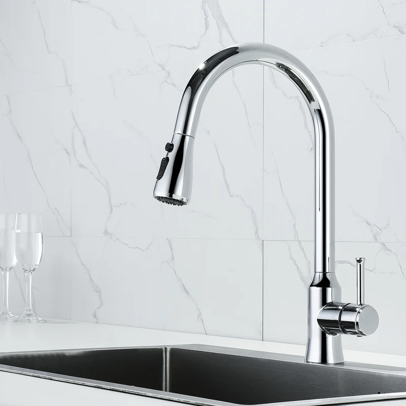 

Chrome Plate Kitchen Faucet Desk Mounted Pull Out Sink Water Tap with Spout Spray Swivel 360 Degree