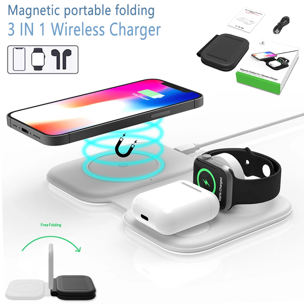 Folding Smart Fast Magnetic Wireless Chargers Pad Qi 3in1 Charging Station for Magsafe iPhone 12 pro Max headset iwatch charger