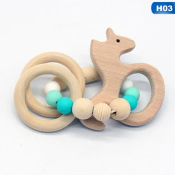 

1PCS 2019 NEW Baby Care Accessory Teether Baby Rattles Teething Sensory Beech Wooden Animals Baby Toys Silicone Teether