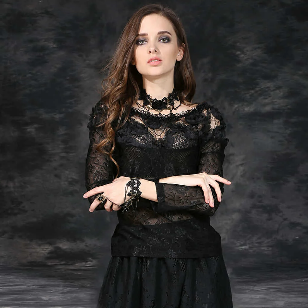 Darkinlove женские готические короткие черные кружевные шифоновые Повседневные топы вечерние сексуальные футболки с длинными рукавами