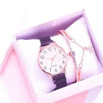 

Top 2pcs Set Women Watches Bracelet Set Magnetic Mesh Band Magnet Black Wristwatches Ladies Female Arabic Numerals Quartz Watch