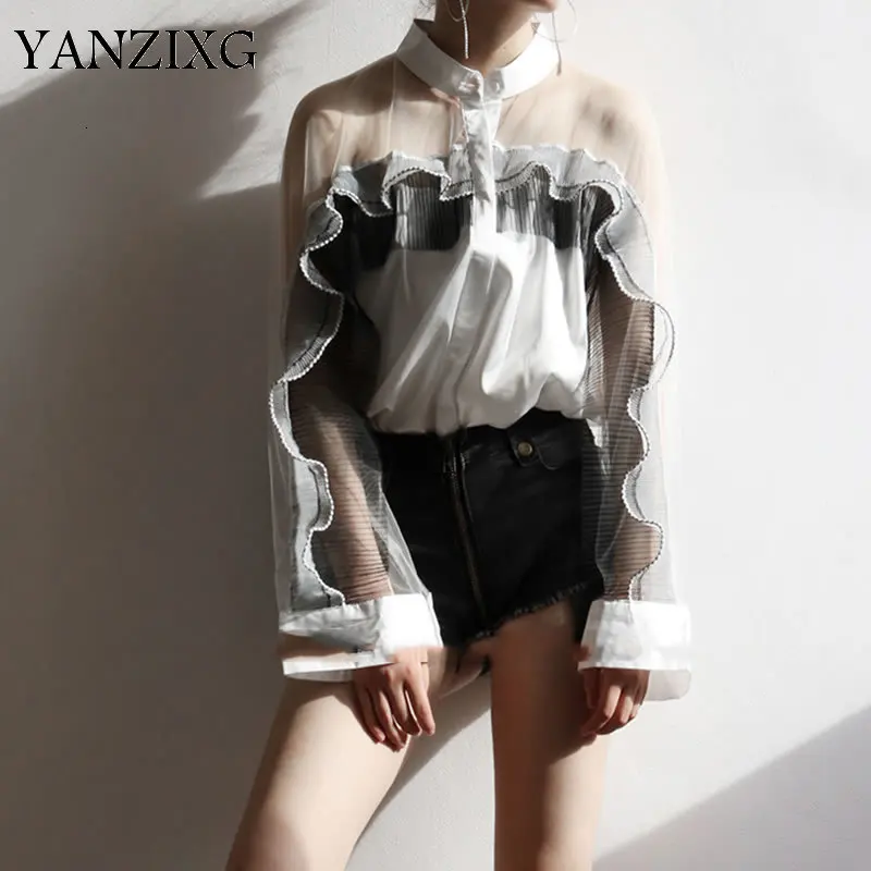 Hollow Out Ruffle Blouse Women Clothes 2019 Single Breast Perspective Autumn Patchwork Casual Shirt S549 |