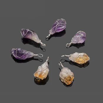 

Irregular Raw Stone Crystal Pendants Natural Amethsyt Yellow Crystal Tlumbled stone Wire Wrap Handmade DIY Reiki Jewelry
