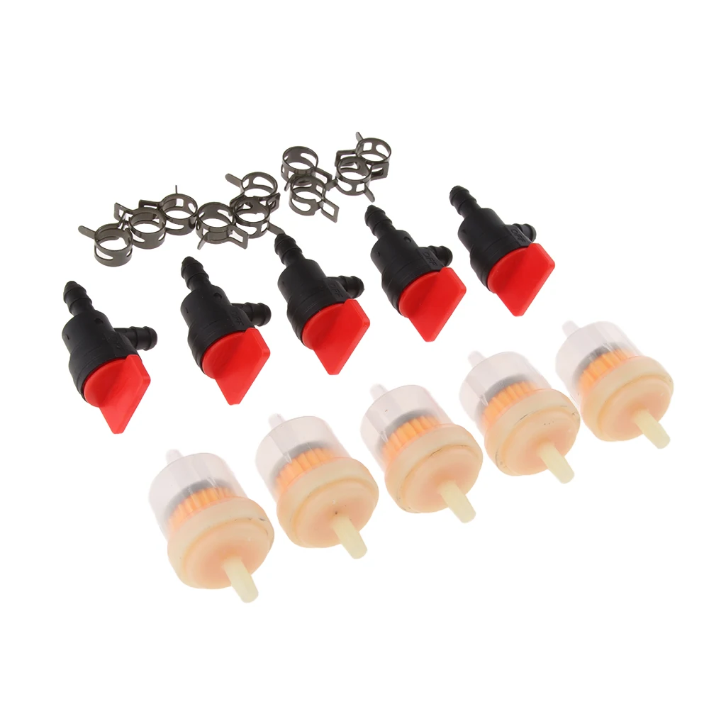 5Pcs 1/4 Inline Fuel Filters + 5Pcs 1/4 Shut Off Valves + 10Pcs Hose Clamps for    698181 697944