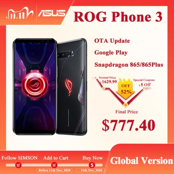 Перейти на Алиэкспресс и купить ASUS ROG Phone 3 глобальная версия ZS661KS 5G Смартфон Snapdragon 865/865 плюс OTA rog phone 2 Обновление версии ROG3 Смартфоны
