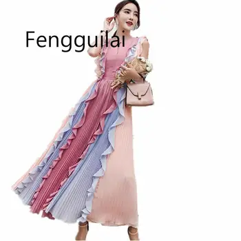 

New 2020 Summer Runway Designer Pleated Maxi Dress Women Sleeveless Luxury Rainbow Color Patchwork Ruffles Chiffon Long Dress