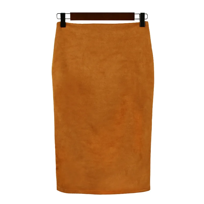 Новые женские юбки с разрезом, облегающая офисная юбка с высокой талией, эластичные замшевые сексуальные юбки-карандаш, женские юбки для вечеринок - Цвет: Коричневый