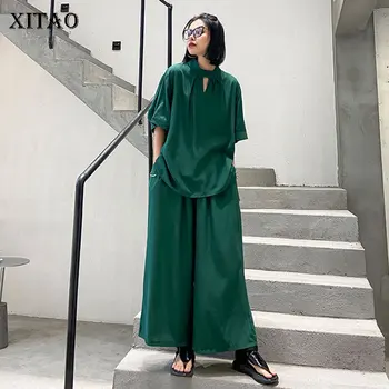 

XITAO Leisure Plus Size Loose 2 Piece Set Women Fashion Solid Color Short Sleeve Top Two Piece Set Top and Pants Summer XJ4702