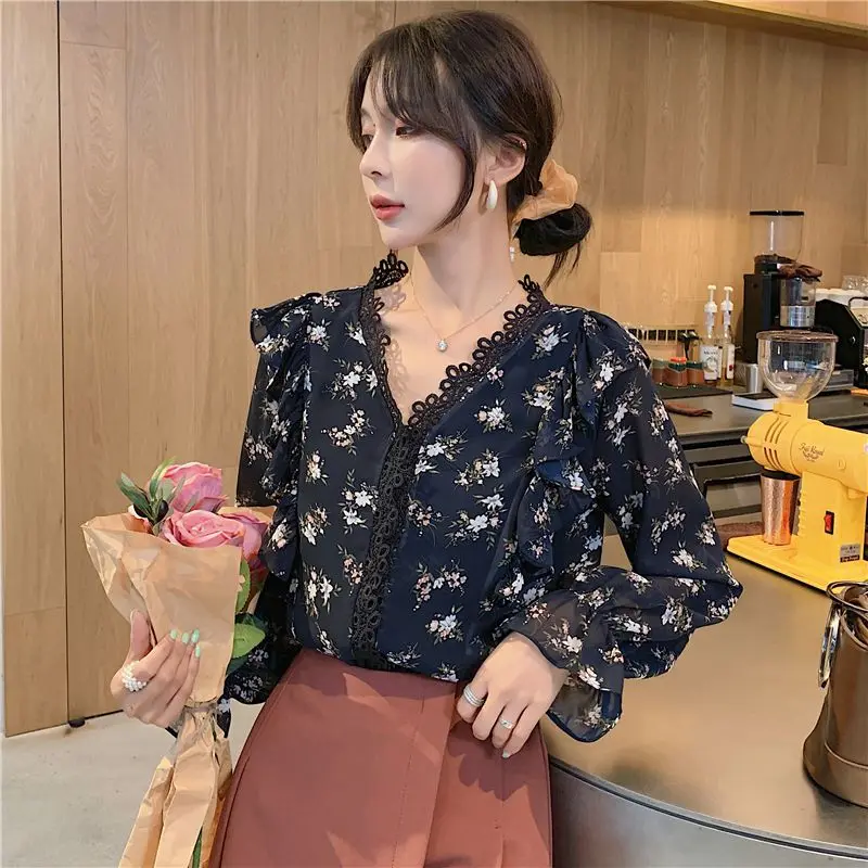 

COIGARSAM Korea Style blouse women New Spring Office Lady Ruffles Full Sleeve Chiffon blusas womens tops and blouses Apricot 640