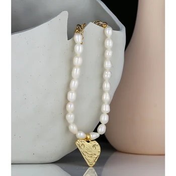 

Yhpup Elegant Freshwater Pearls Pendant Heart Bangle Bracelet New Design Gold Metal Zinc Alloy Bracelet Jewelry Pulseras Gift