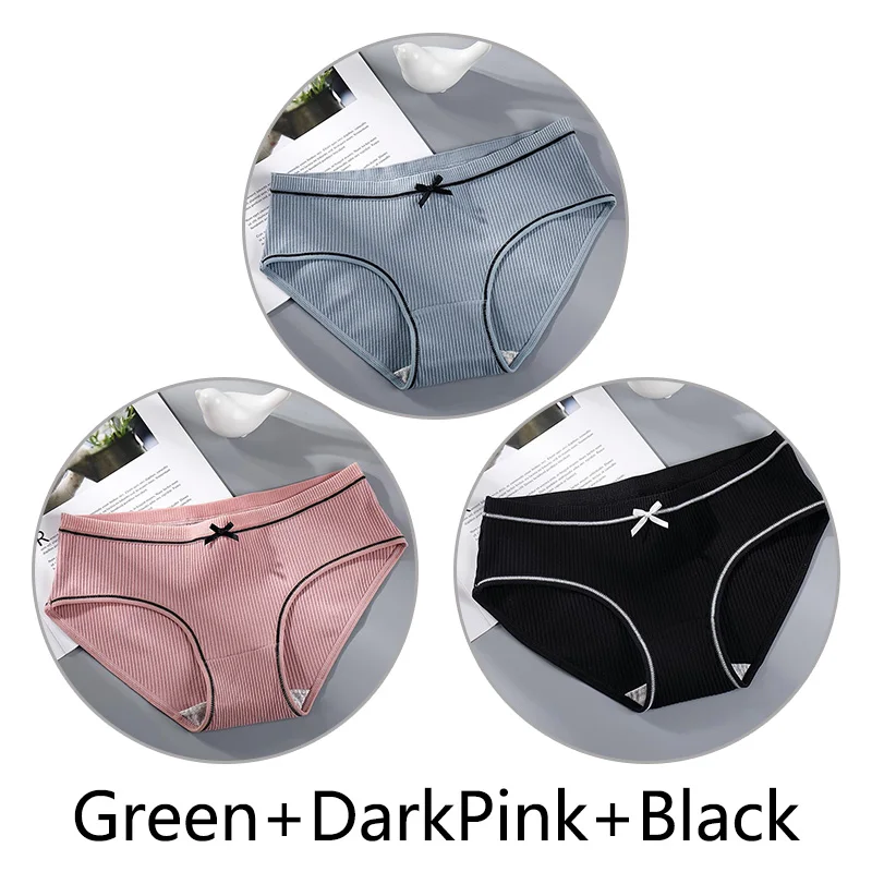 Green D-Pink Black 3 шт./партия, хлопковое нижнее белье, женские однотонные сексуальные трусы, бесшовные, средняя посадка, трусики, женское нижнее белье, мягкие интимные трусики с бантом - Цвет: Green D-Pink Black