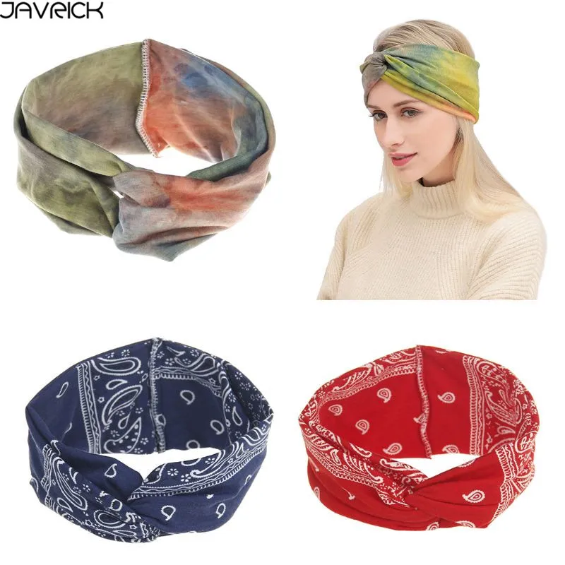 

Women Girls Bohemian Paisley Wide Headband Retro Washed Tie-Dye Gradient Colored Hairband Criss Cross Knotted Sports Yoga Turban