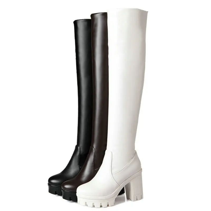 Autumn Winter Women Over the Knee Boots Platform Square High Heel Ladies Thigh Boots PU Leather Round Toe Woman's