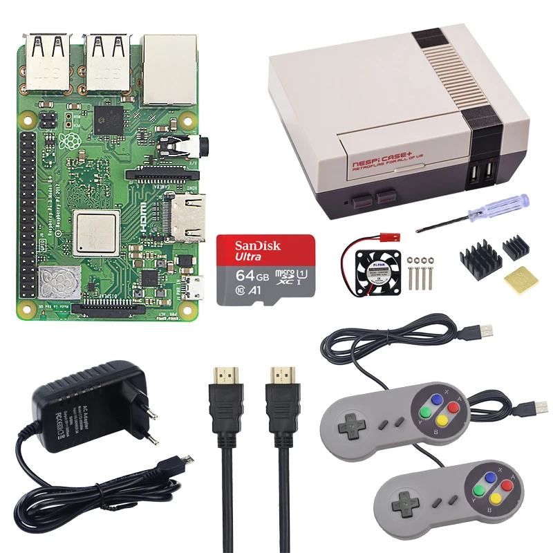 

Raspberry Pi 3 Model B+ Kit with NESPi Case + 64GB SD Card + Cooing Fan + Heatsink + HDMI Cable + Power Adapter + Gamepads