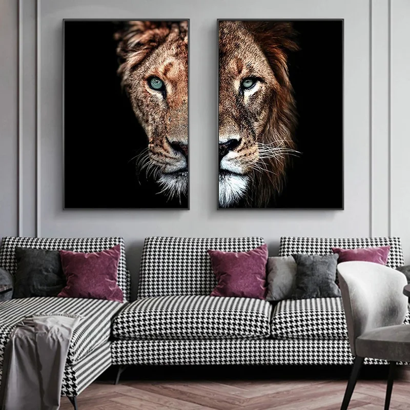 Lion & Lioness Couple Art Wall Poster - Printing On Canvas