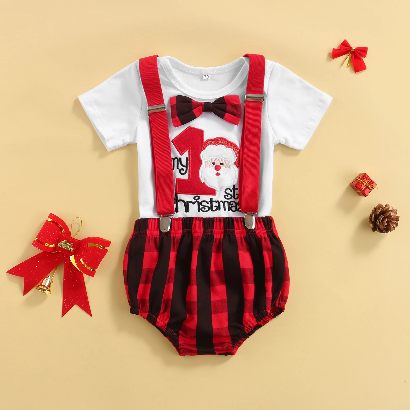 

Lovely Baby XMAS Clothes My 1st Christmas Short Sleeve Round Neck Bowknot Romper Plaid Suspenders Pants Baby Autumn Clothing